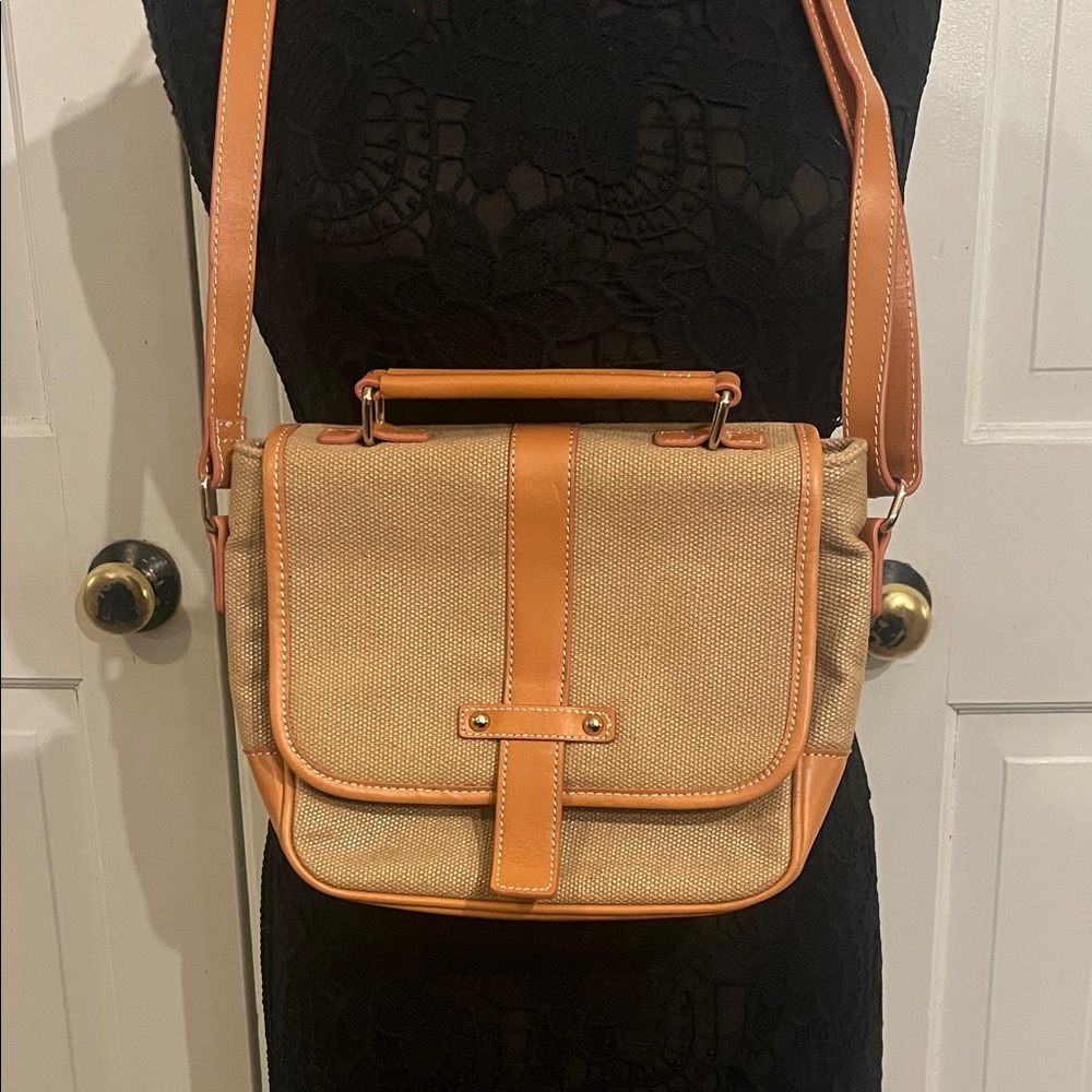 J McLaughlin Elegant Tan and Brown Crossbody Bag